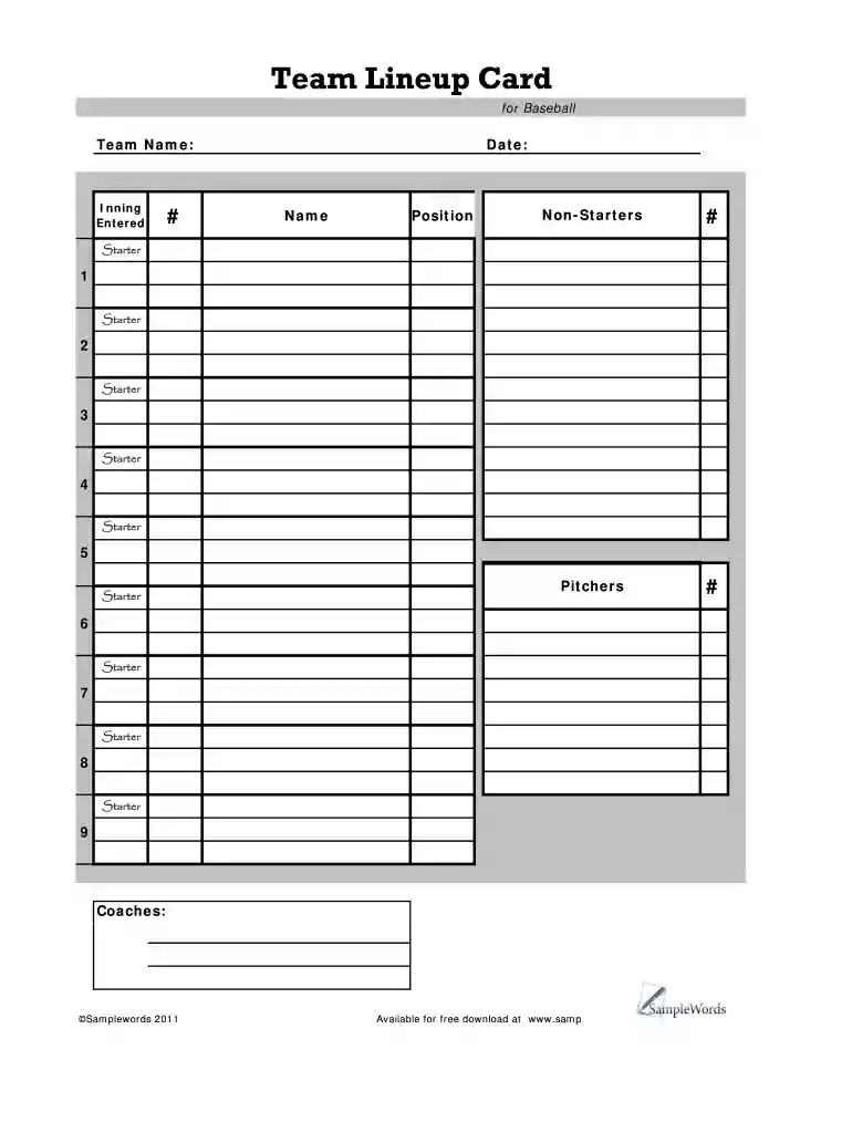 baseball lineup template Preview on Page 1