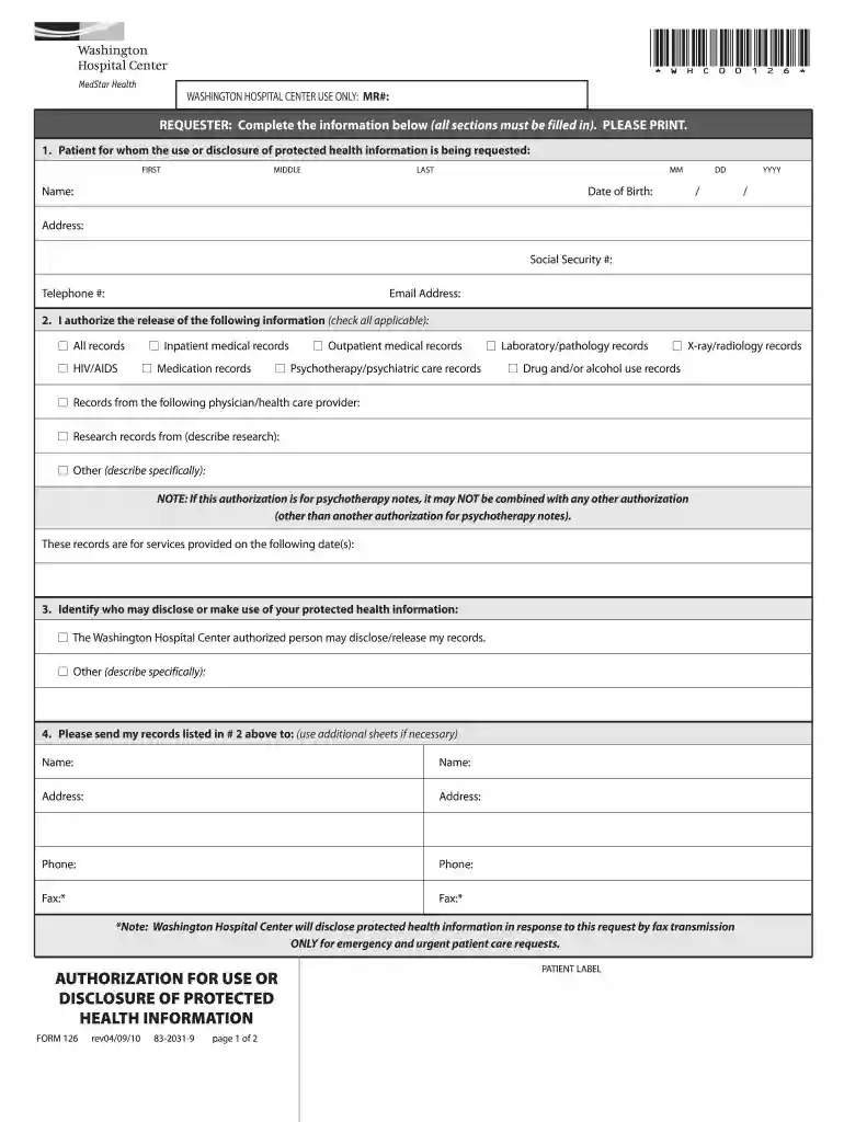 washington hospital center medical records fax number Preview on Page 1