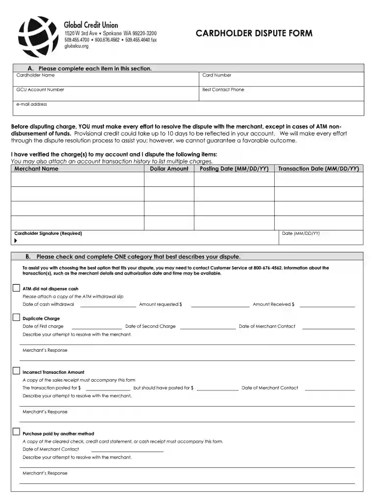 CARDHOLDER DISPUTE INQUIRY FORM - Global Credit Union Preview on Page 1