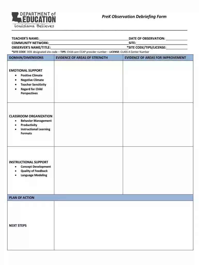 PreK Observation Debriefing Form Preview on Page 1