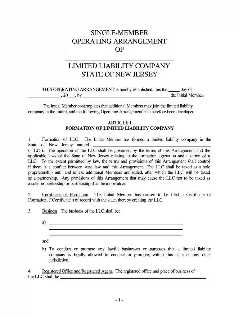 llc operating agreement nj single member Preview on Page 1