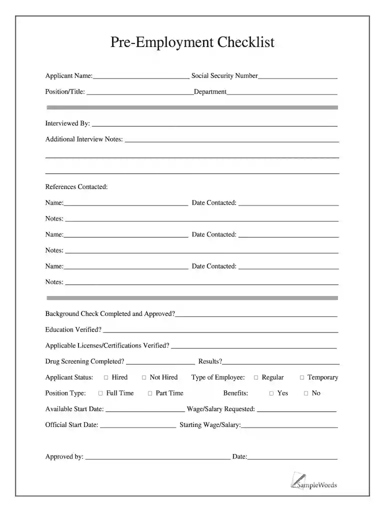 pre employment checklist template Preview on Page 1