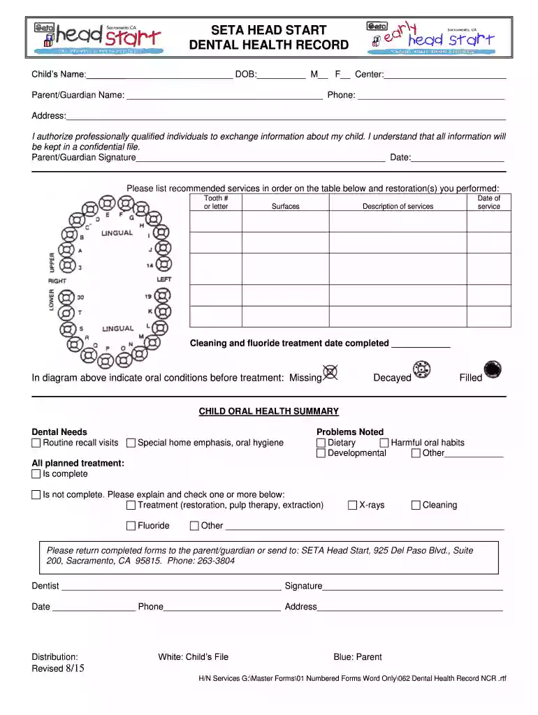 SETA HEAD START DENTAL HEALTH RECORD Preview on Page 1