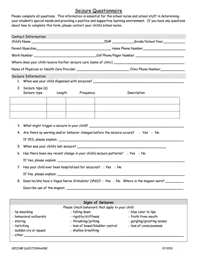 Seizure Questionnaire - qpsorg Preview on Page 1