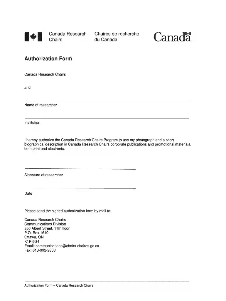 Canada Research Chairs - Authorization form Preview on Page 1