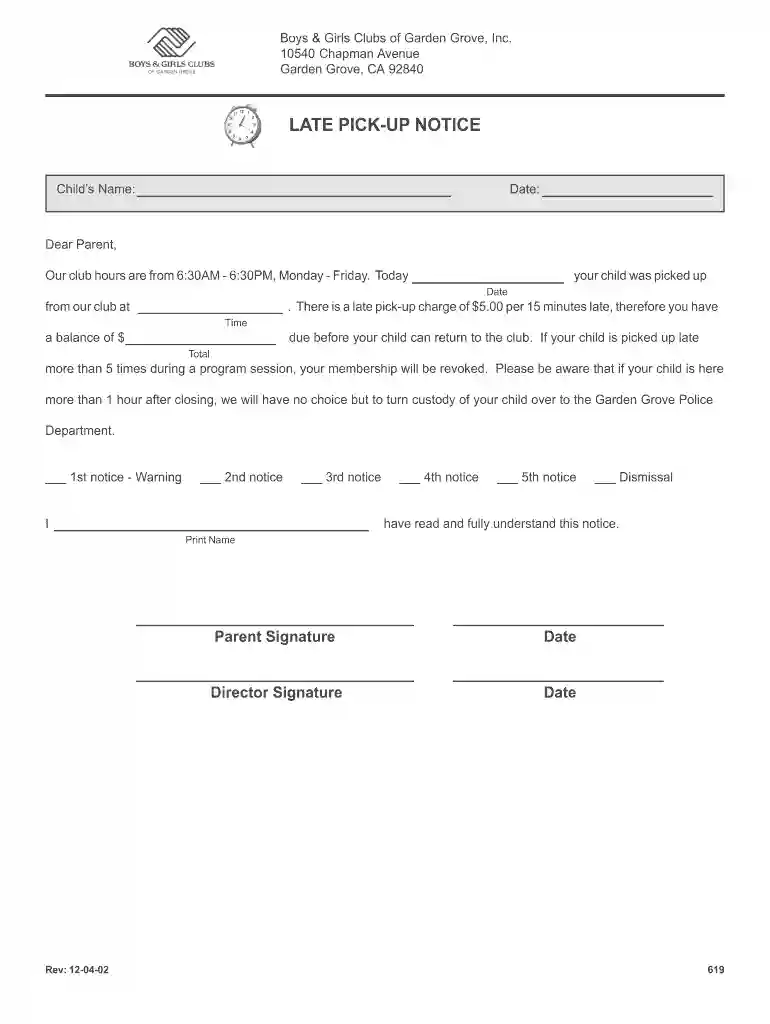 late pick up notice to parents Preview on Page 1