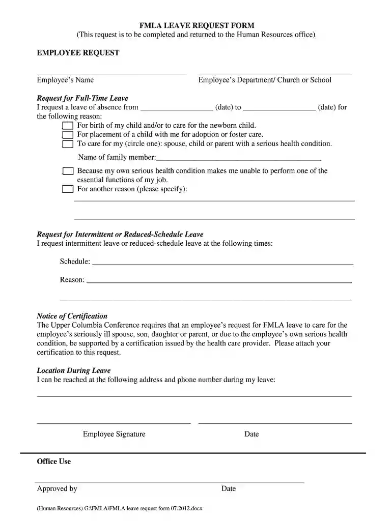 FMLA LEAVE REQUEST FORM EMPLOYEE REQUEST Preview on Page 1