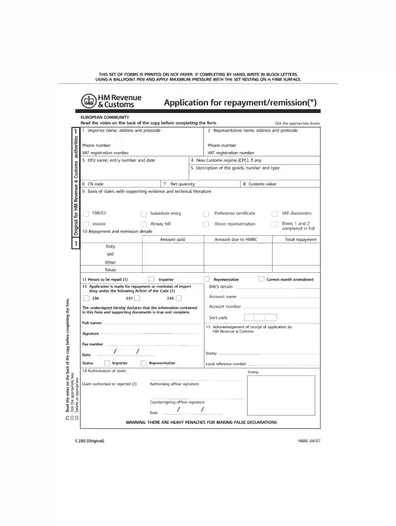 c285 form Preview on Page 1