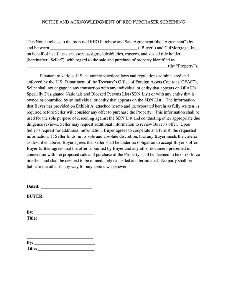 NOTICE AND ACKNOWLEDGMENT OF REO PURCHASER SCREENING Preview on Page 1