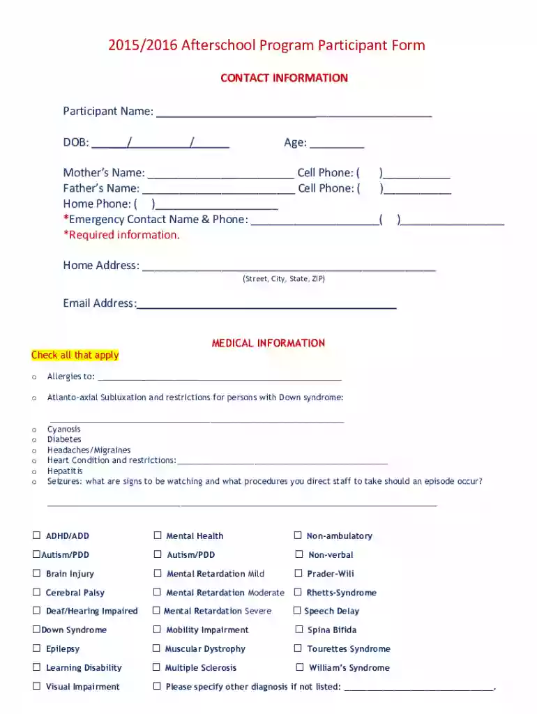 after school program application Preview on Page 1