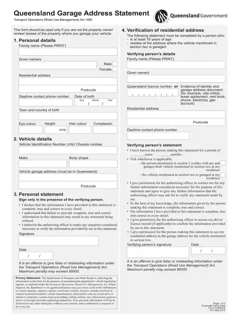 queensland garaging address statement Preview on Page 1