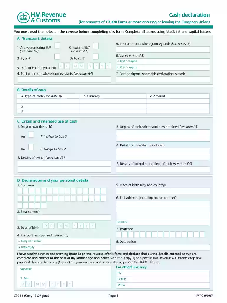 cash declaration form uk Preview on Page 1