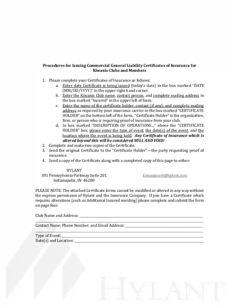 KIWANIS CERTIFICATES OF INSURANCE A current Certificate Packet is enclosed Preview on Page 1