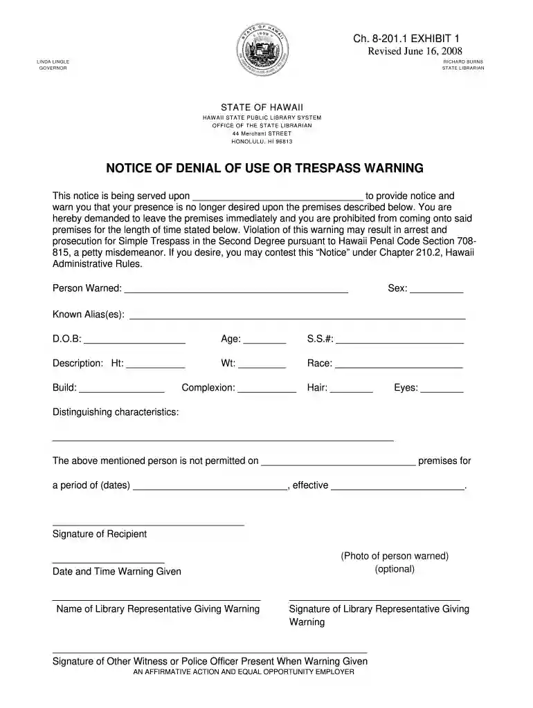 hawaii trespass warning form Preview on Page 1