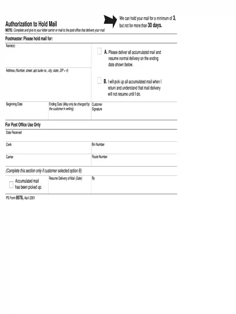 usps hold mail form Preview on Page 1