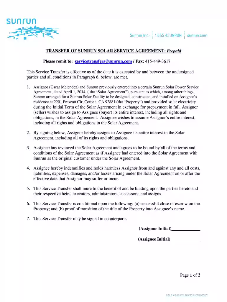 sunrun service transfer form Preview on Page 1