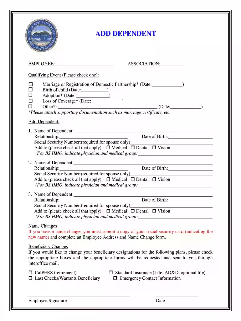 Add dependent - City of Huntington Beach Preview on Page 1
