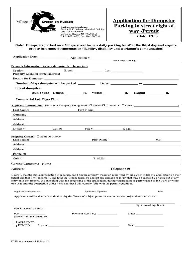 Application for Dumpster Engineering Department in street Preview on Page 1