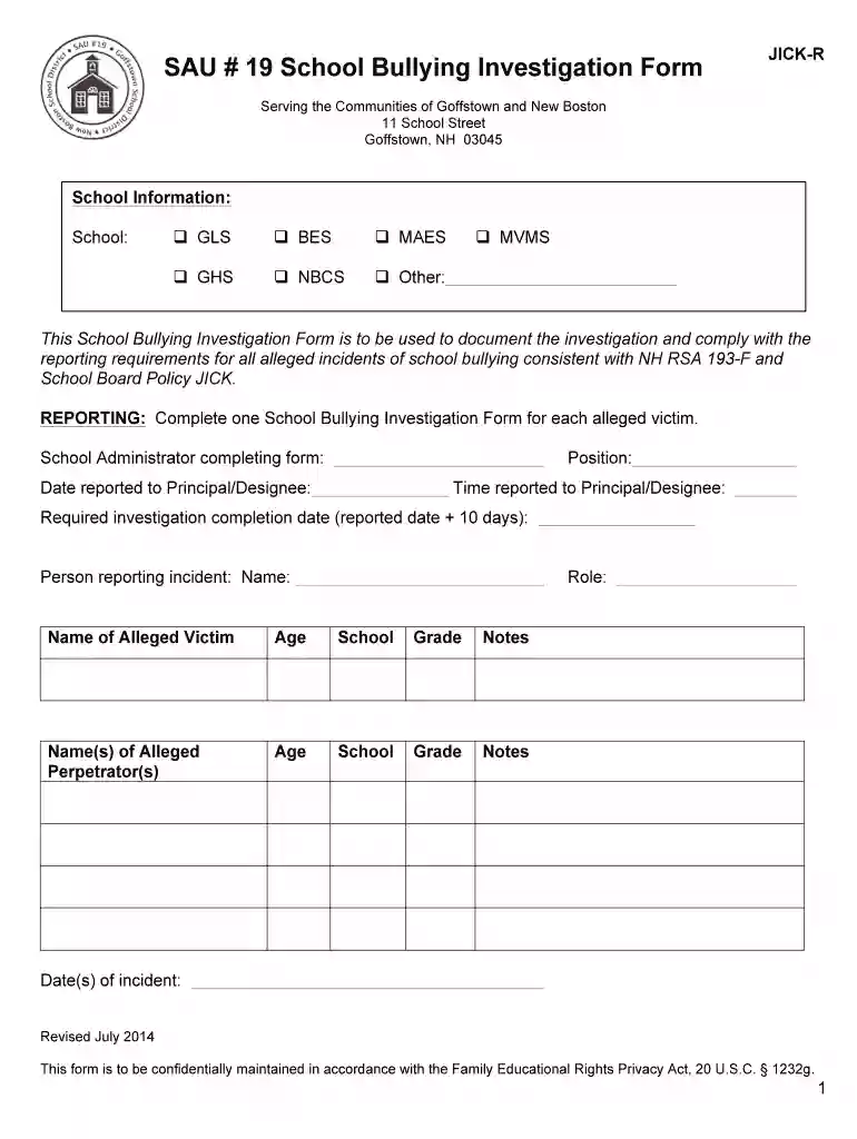 bullying investigation form template Preview on Page 1