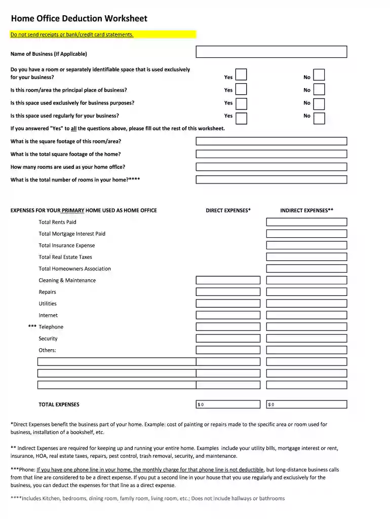 Home Office Deduction Worksheet Preview on Page 1