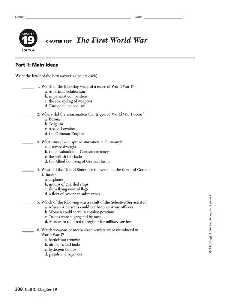 world war 1 assessment answer key Preview on Page 1
