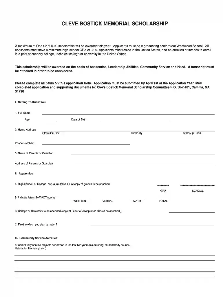 bostick scholarship form Preview on Page 1
