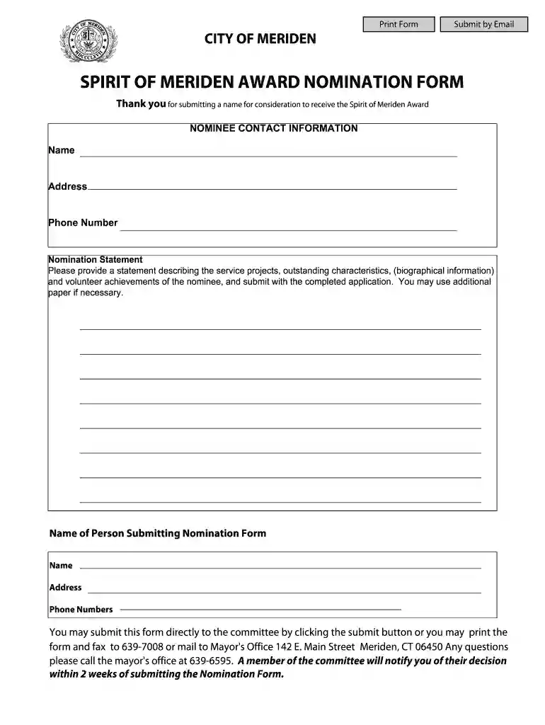 SPIRIT OF MERIDEN AWARD NOMINATION FORM - City of Meriden Preview on Page 1