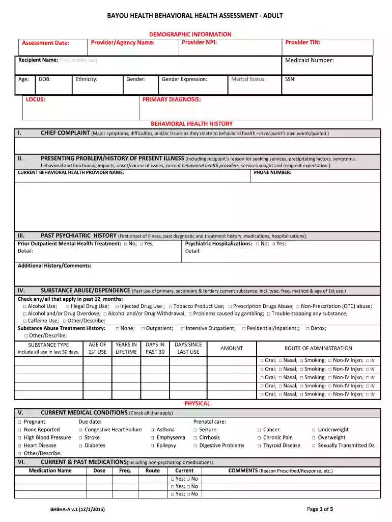 behavioral health assessment template Preview on Page 1