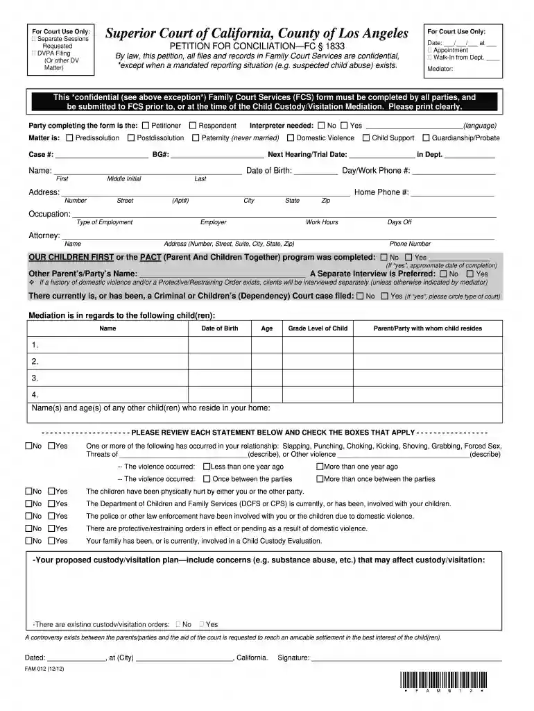 fam012 form Preview on Page 1