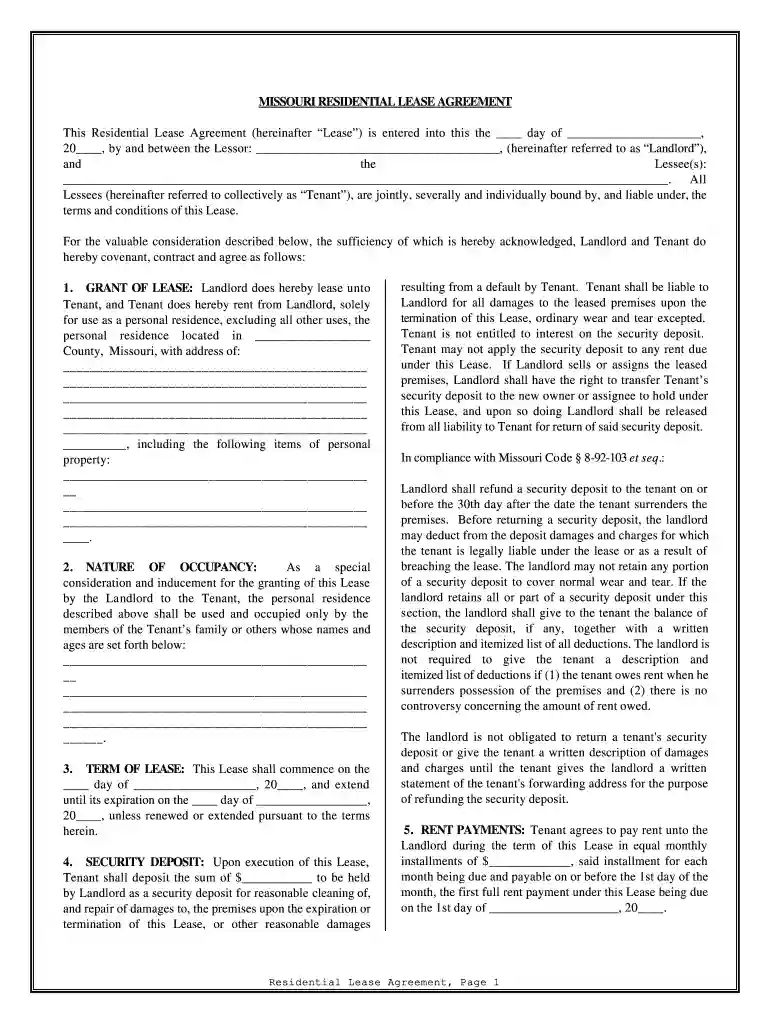 missouri lease agreement Preview on Page 1