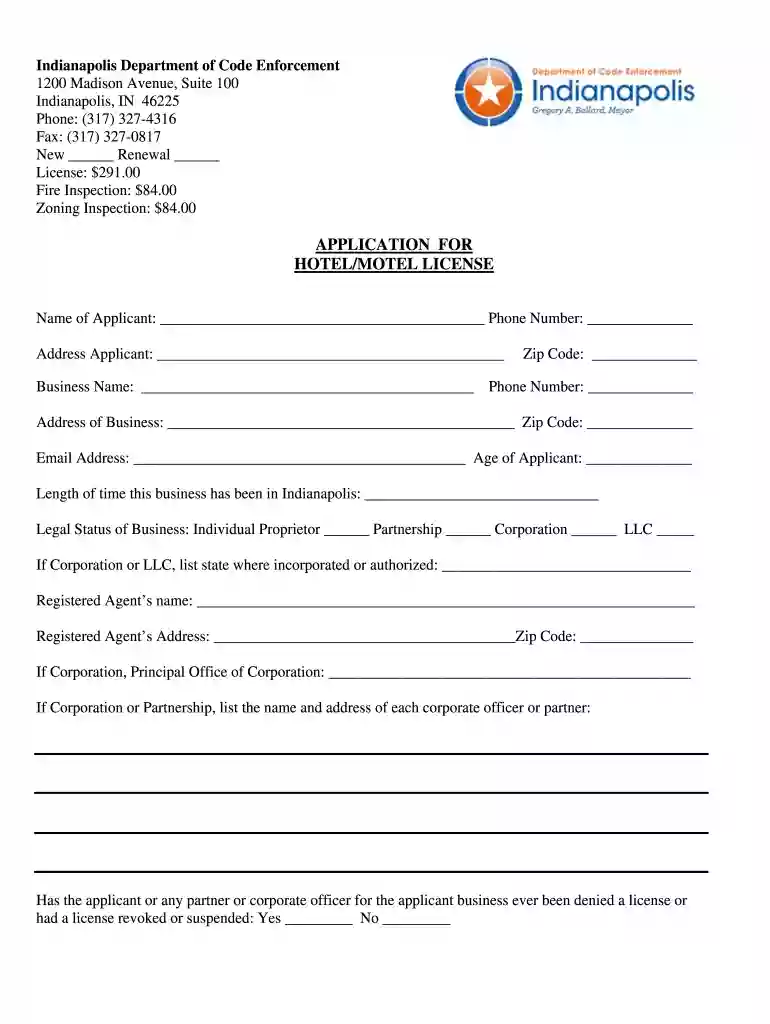 indianapolis business neighborhood hotel motel license application Preview on Page 1