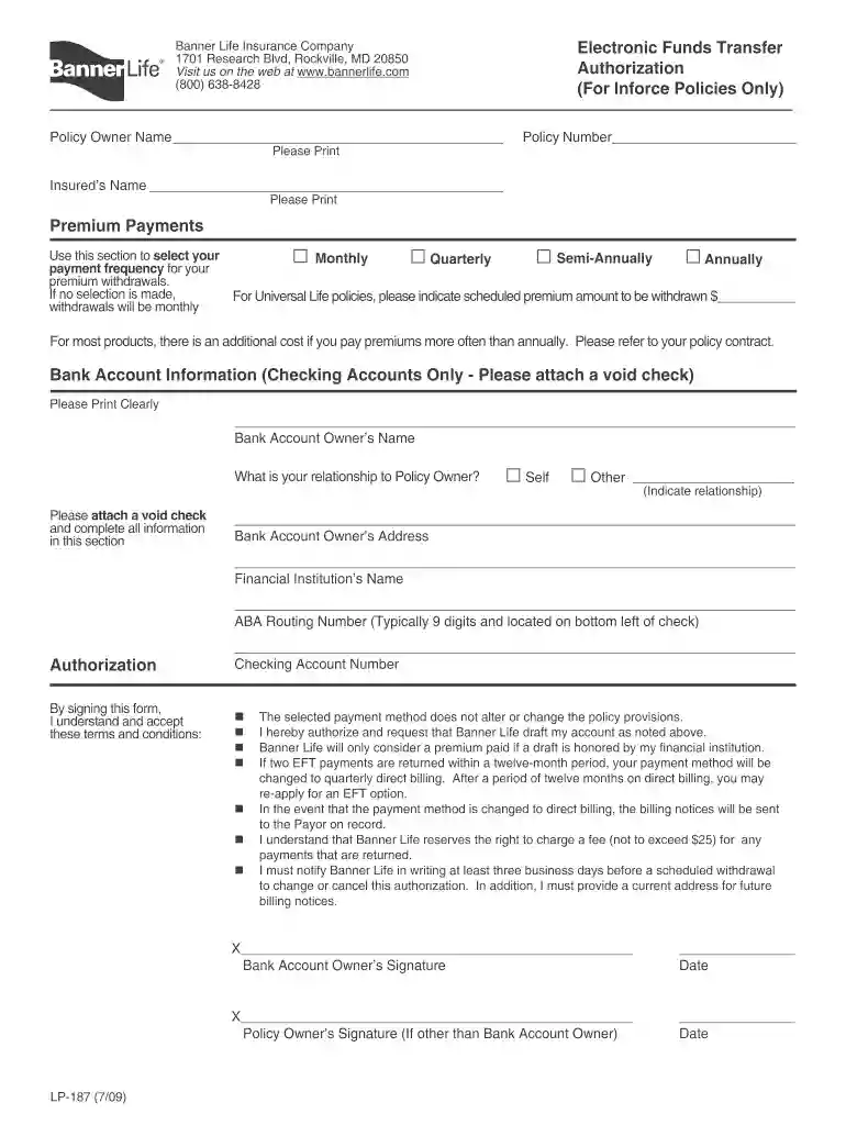 banner life eft form Preview on Page 1