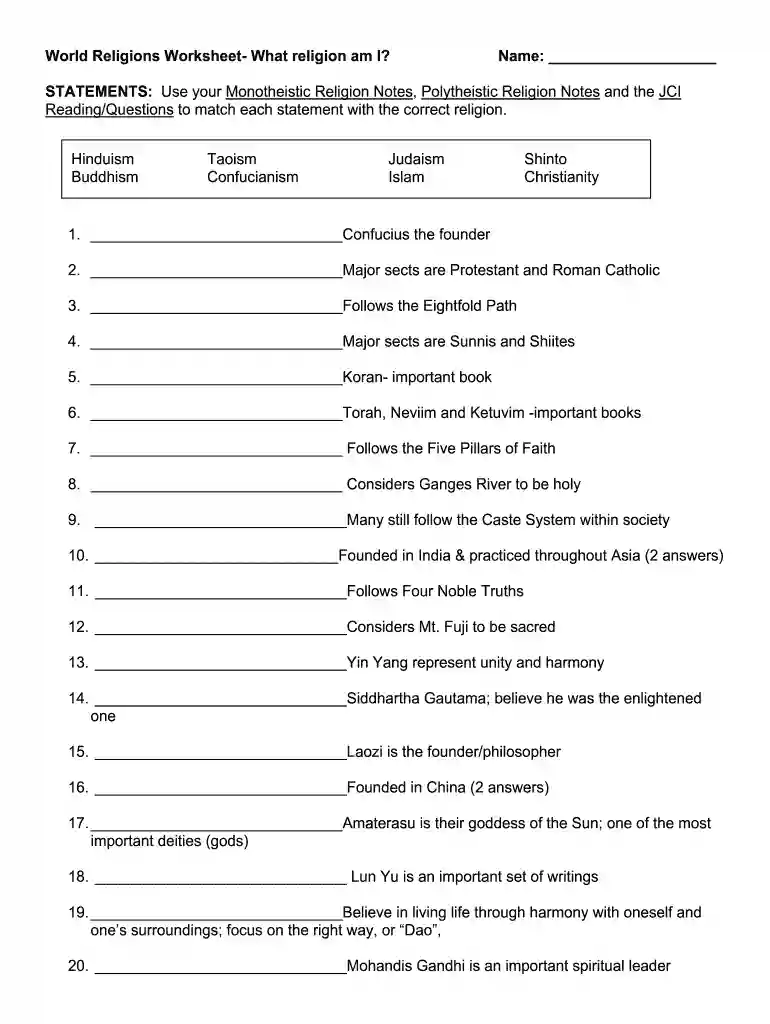 world religions worksheet pdf Preview on Page 1