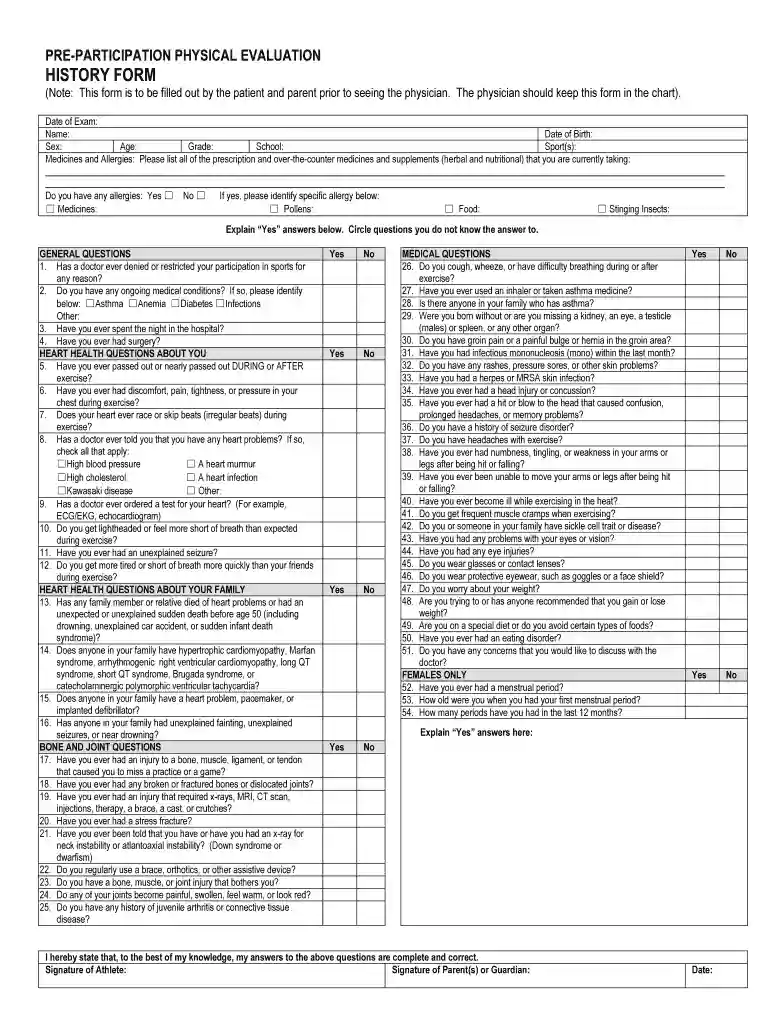 printable sports physical form Preview on Page 1