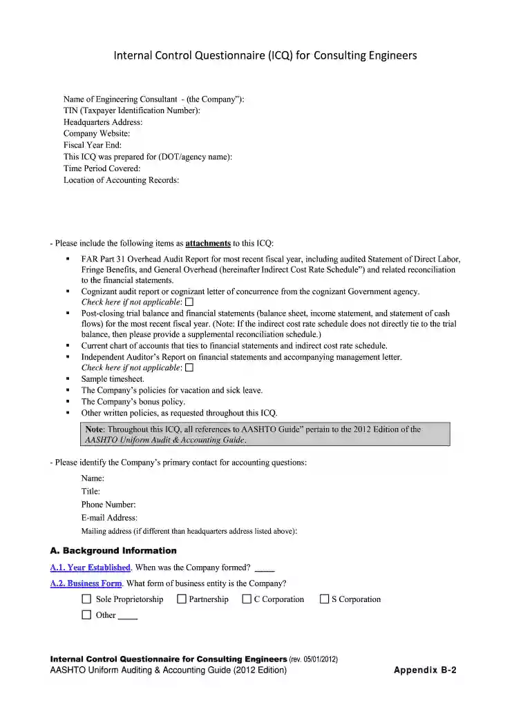 aashto internal control questionnaire 2024 Preview on Page 1