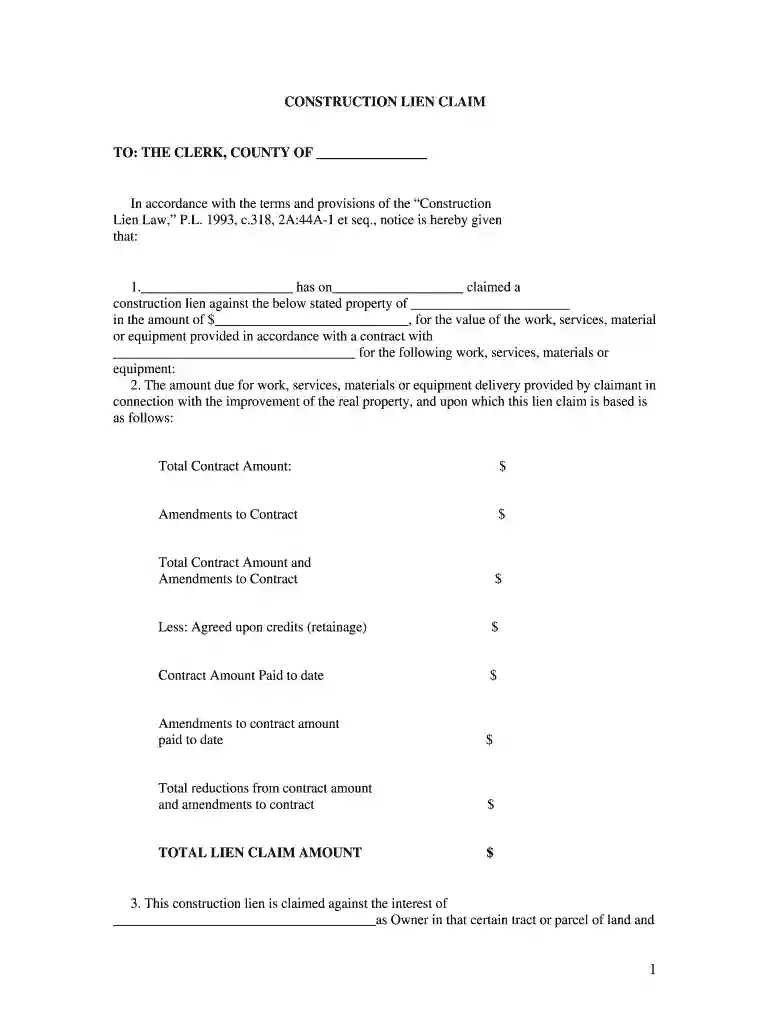 nj construction lien claim form Preview on Page 1