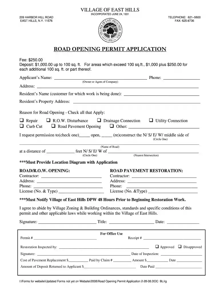 ROAD OPENING PERMIT bAPPLICATIONb - Village of East Hills Preview on Page 1