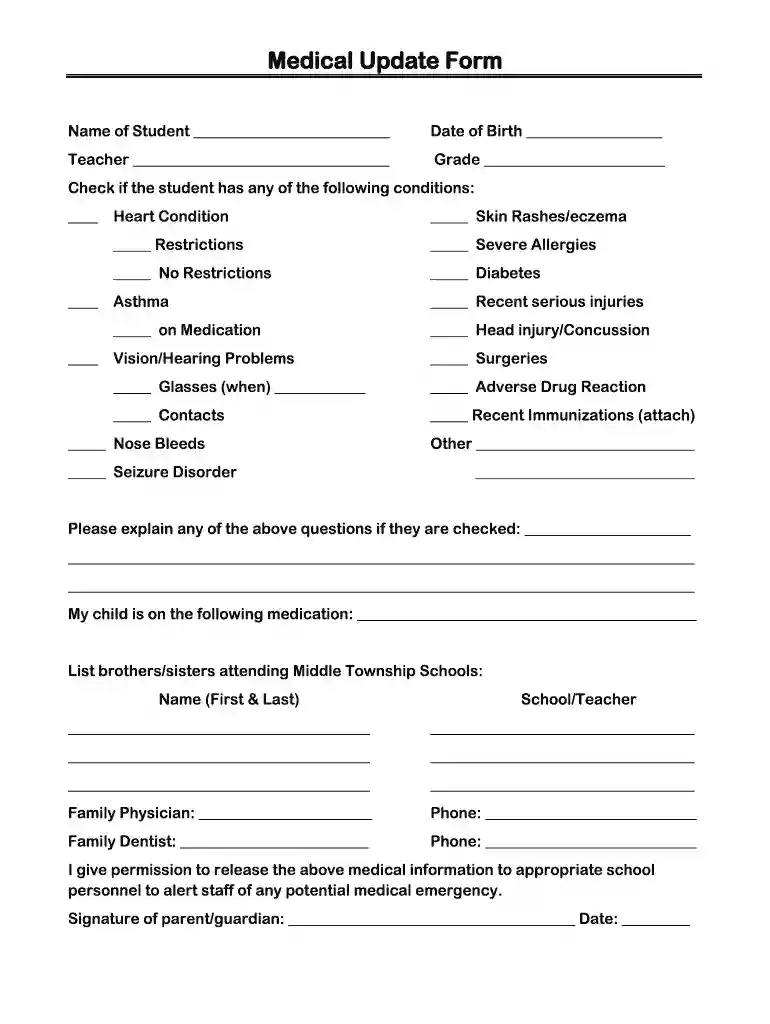 Medical Update Form - Middle Township Public Schools Preview on Page 1