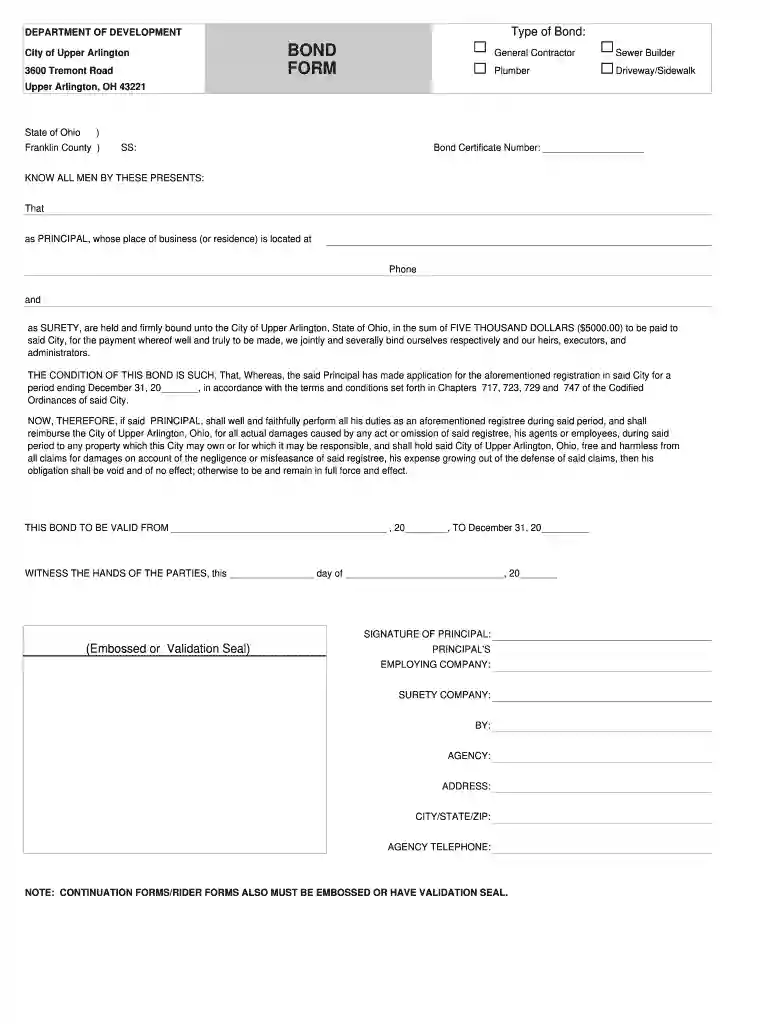 bond form upper arlington Preview on Page 1
