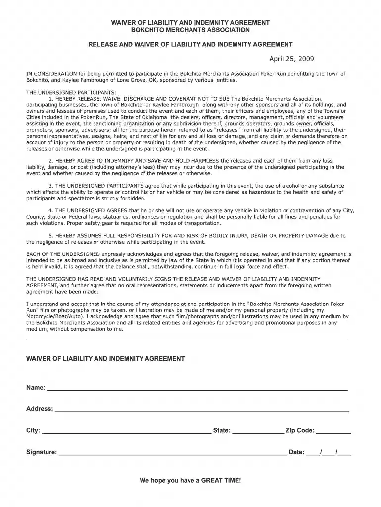 poker run waiver form Preview on Page 1