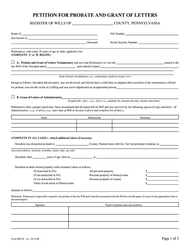 Form RW-02 - rev 10-13-06 - Petition for Probate and Grant of Letters Preview on Page 1