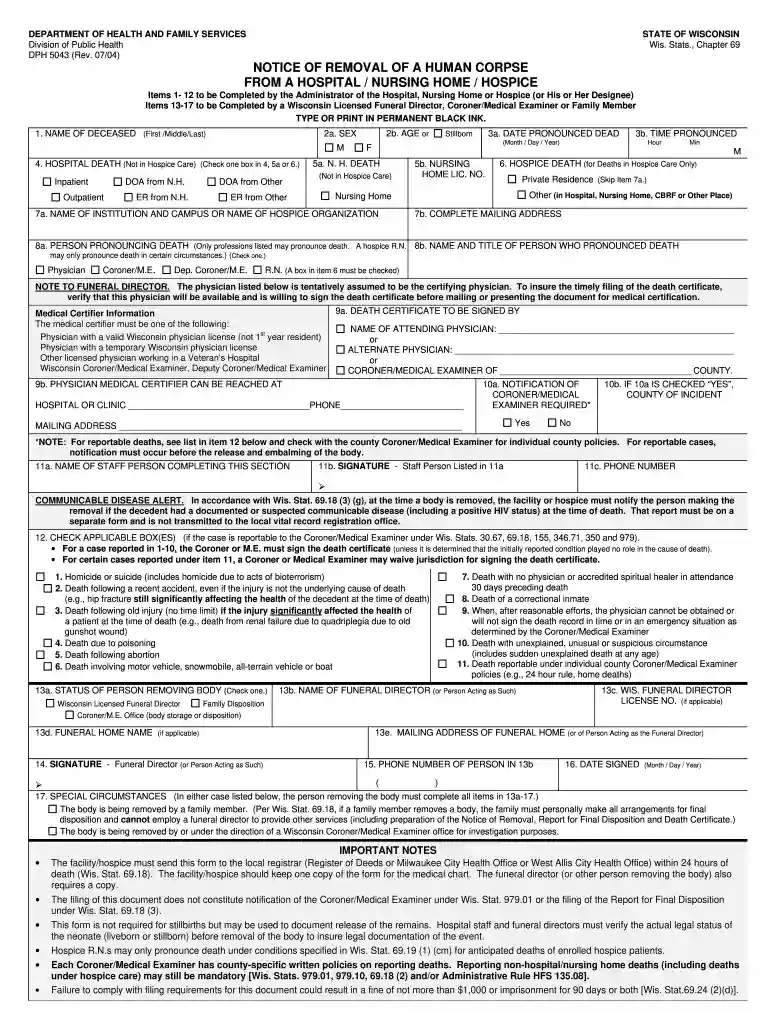 notice of removal of a human corpse from a facility Preview on Page 1