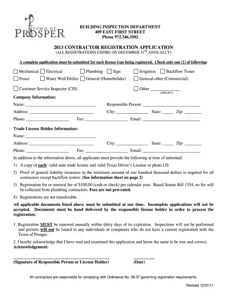 city of prosper contractor registration Preview on Page 1