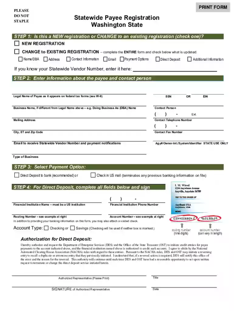 PLEASE Statewide Payee Registration Washington State Preview on Page 1