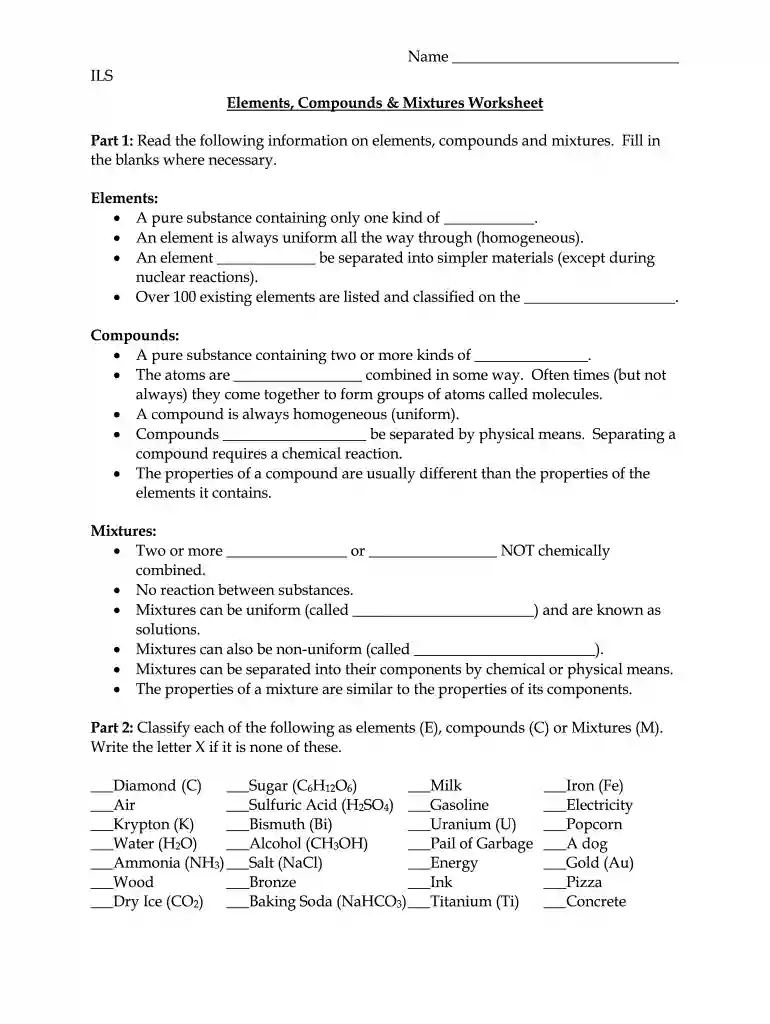 elements compounds and mixtures worksheet Preview on Page 1