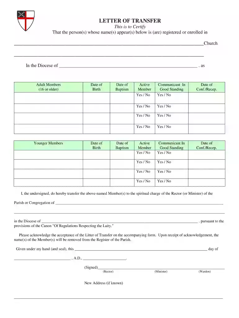 church transfer letter Preview on Page 1