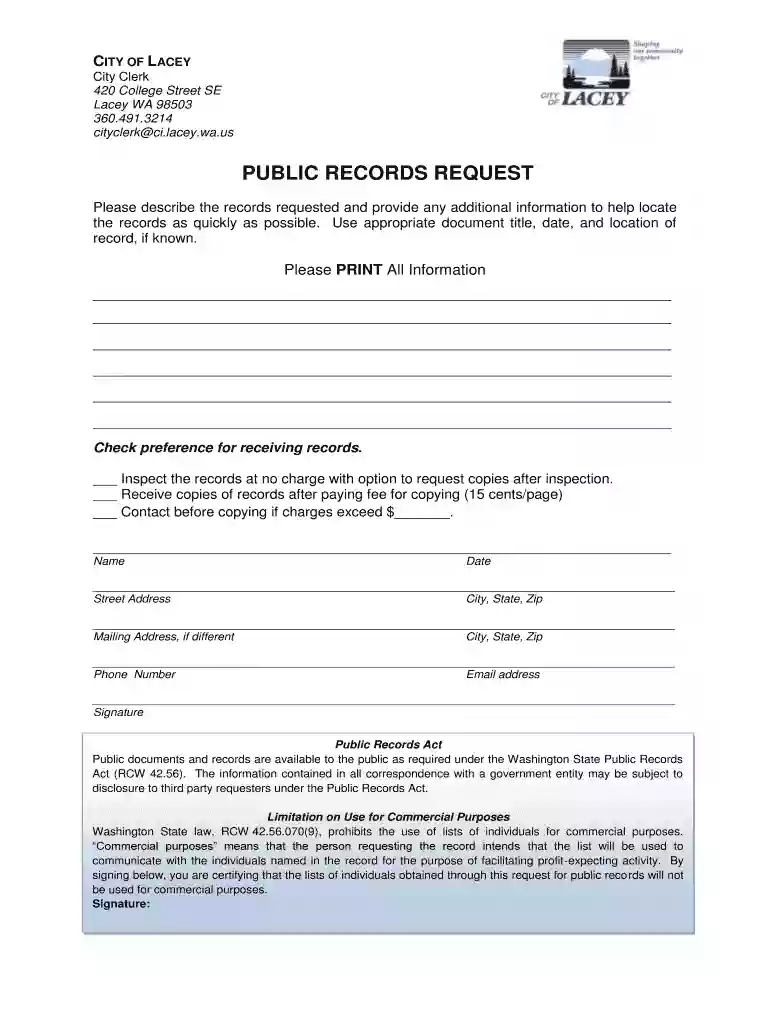 Public Records Request Form - City of Lacey Preview on Page 1