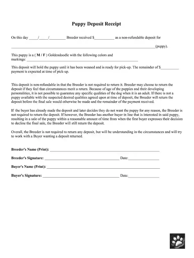 puppy deposit receipt template Preview on Page 1