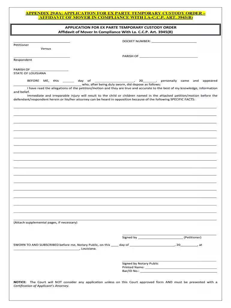 APPENDIX 290A APPLICATION FOR EX PARTE TEMPORARY CUSTODY Preview on Page 1