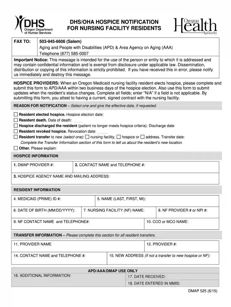 DMAP 525 DHSOHA Hospice Notification for Nursing Facility Residents Preview on Page 1